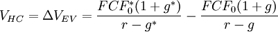 V_{HC}=Delta V_{EV}=frac{FCF^*_{0}(1+g^*)}{r-g^*}-frac{FCF_0(1+g)}{r-g}